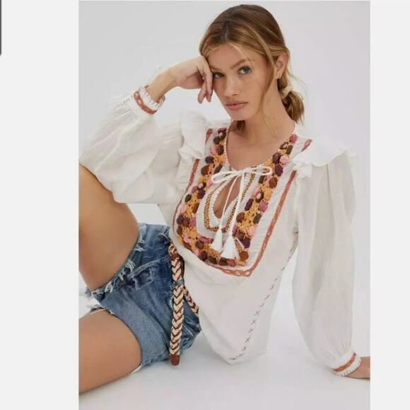 Anthropologie Antik Batik Valentina Embroidered Peasant Blouse - Picture 1 of 7